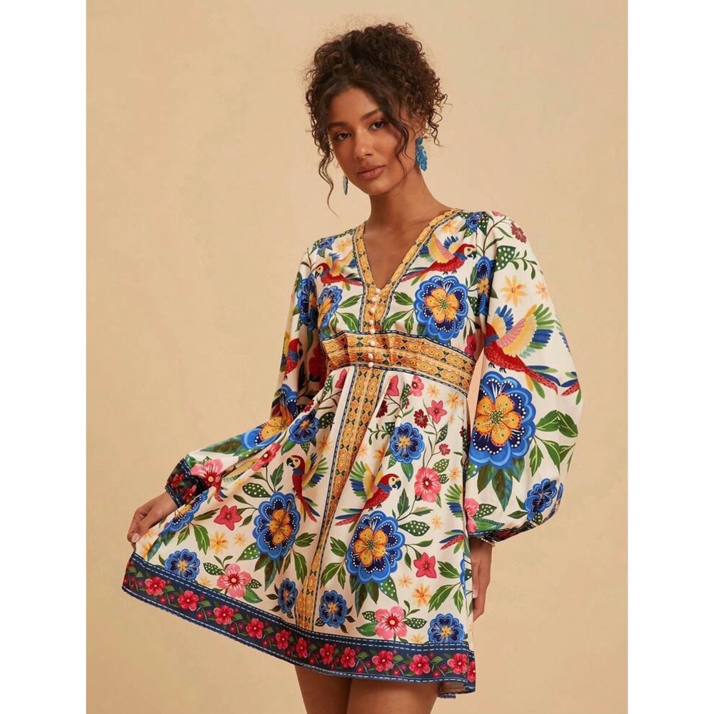 Tropical Parrot Floral Print V-Neck Balloon Sleeve Mini Dress Ivory Large - Picture 3 of 11